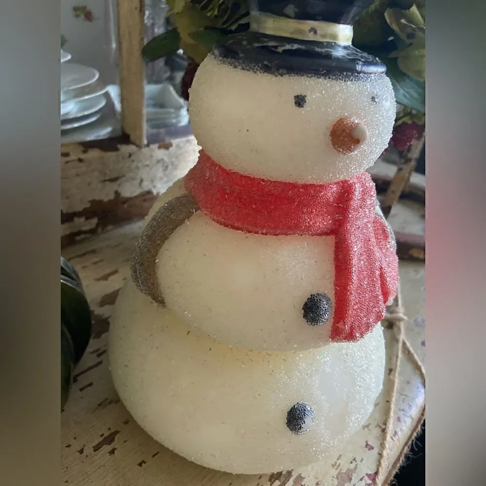 Pottery Barn Vintage Large 3 Tiered Snowman Candle 200 hour burn 8.75” tall